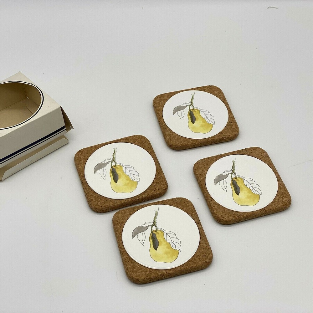 L. Silva Portugal Pear Coasters Cork Surround Porcelain Set Of 4 Vintage